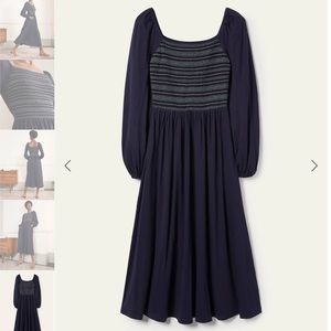 Boden Navy Smocked Jersey Midi Dress puff sleeve square neck 2